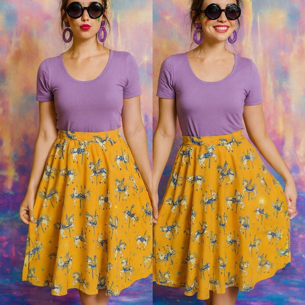 ModCloth Skirt S Yellow Unicorn‎ Print A-Line Carousel Whimsical Fantasy